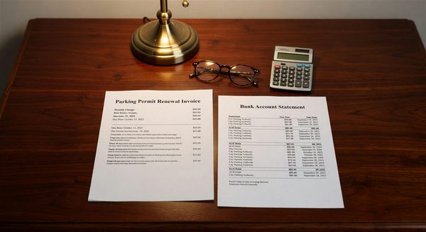 Side-by-side comparison of a parking permit renewal invoice and a bank account statement