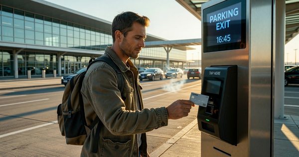 Airport economy parking lot exit lanes with multiple automated pay-on-exit kiosks under clear summer sky