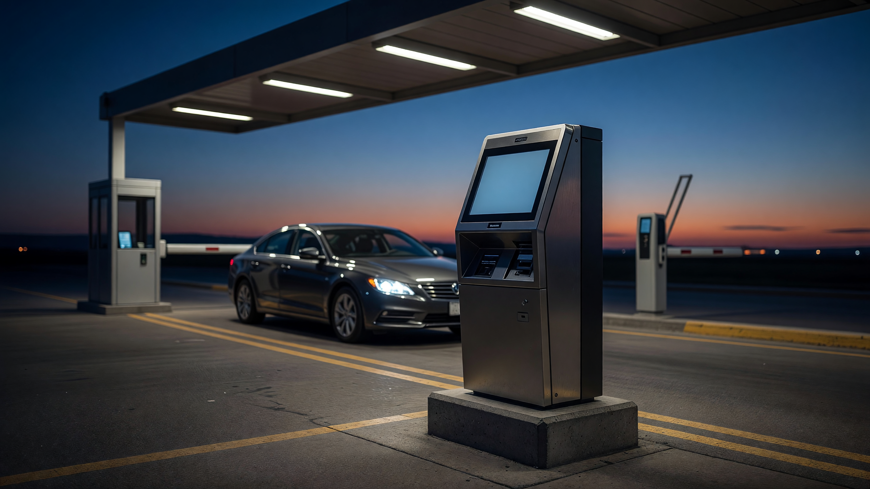 Modern airport parking exit lane with LED payment terminal and vehicles queued during peak travel period