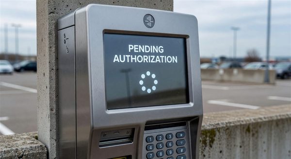 Payment terminal display showing a pending authorization status on a parking pay station