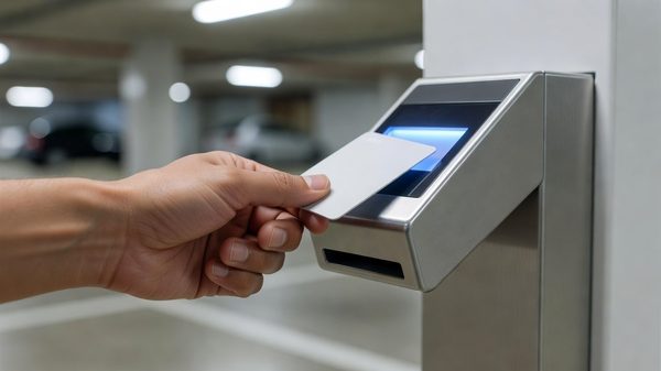 Driver tapping a debit card at a parking pay station contactless terminal