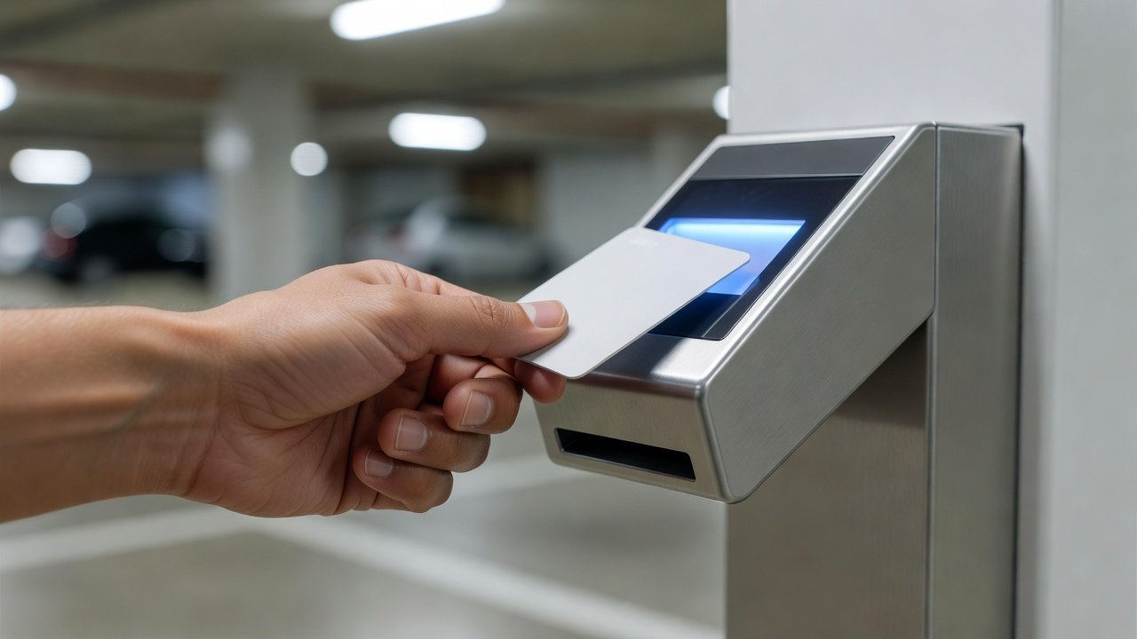 Driver tapping a debit card at a parking pay station contactless terminal