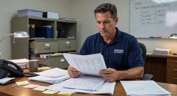 Parking operator reviewing credit card chargeback dispute paperwork