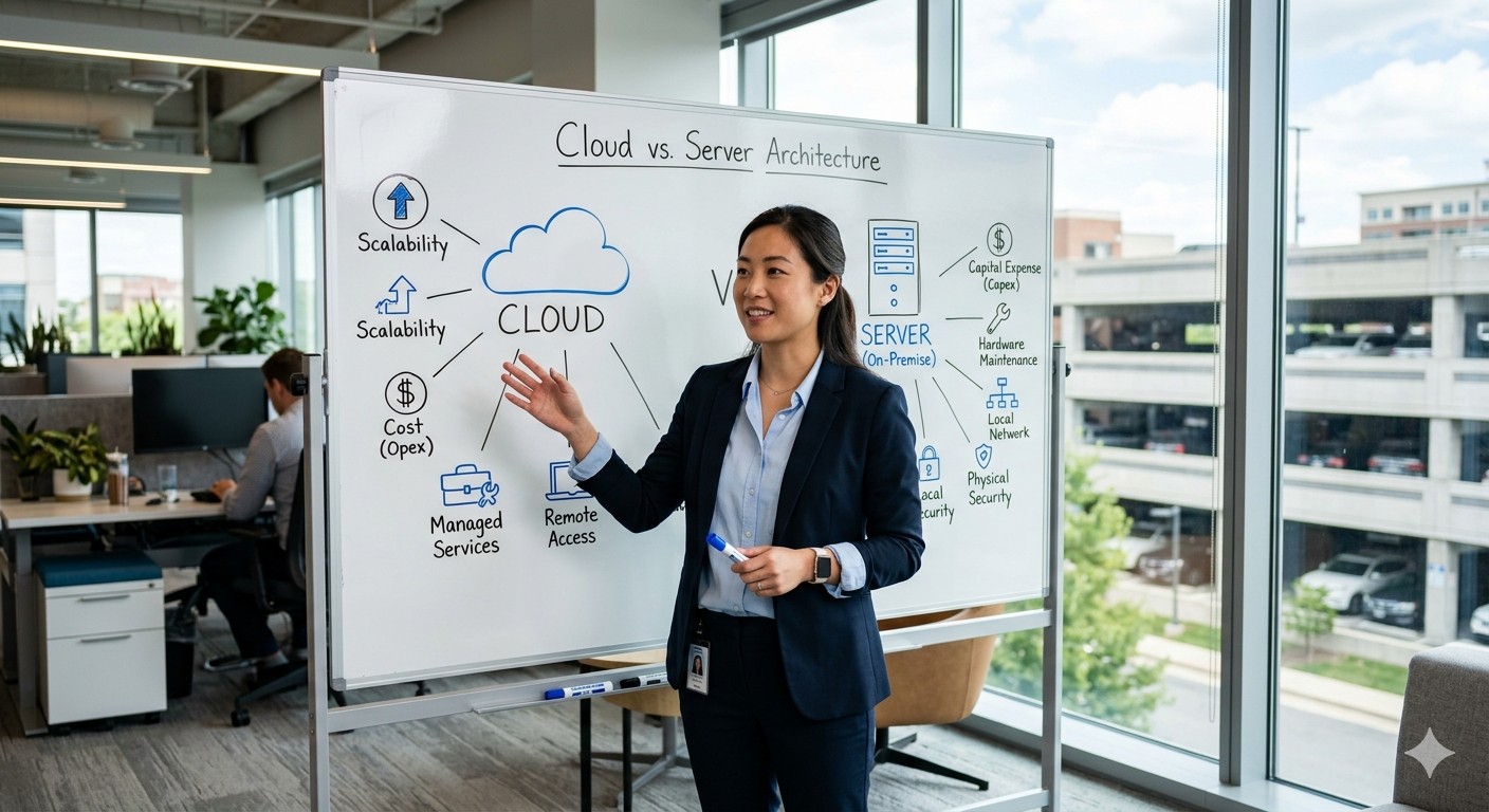 Server rack alongside a cloud computing icon representing on-premise and cloud deployment options for parking systems