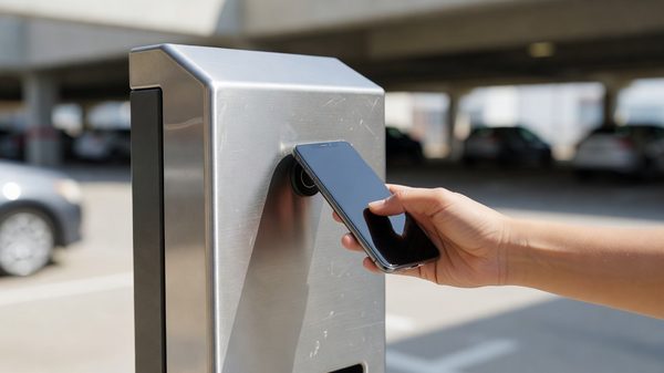 A driver tapping a smartphone to a contactless payment reader on a modern parking pay station