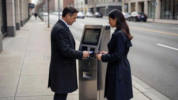 Parking pay station screen showing a currency conversion prompt for a non-US card transaction