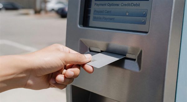 A gift card being inserted into a parking pay station alongside other payment options displayed on screen