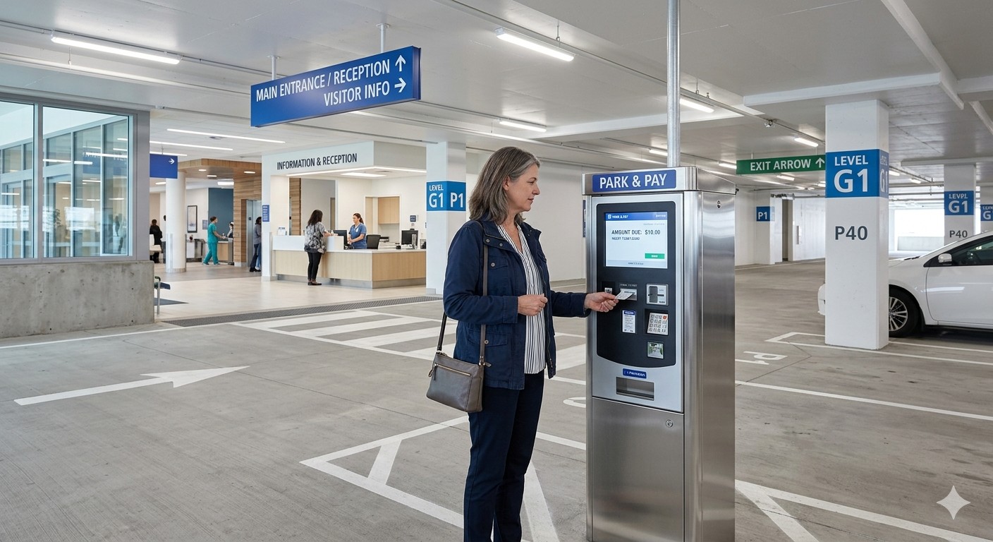 Hospital parking garage entrance with accessible payment kiosk and clear directional signage