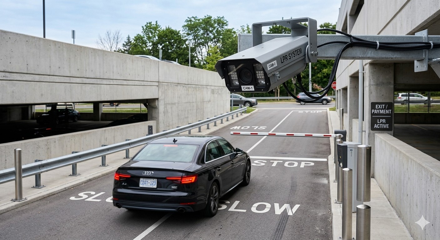 License plate recognition camera mounted above a parking garage entry lane capturing a vehicle plate