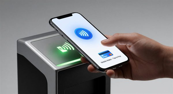 Driver tapping a smartphone against a contactless payment terminal at a parking pay station