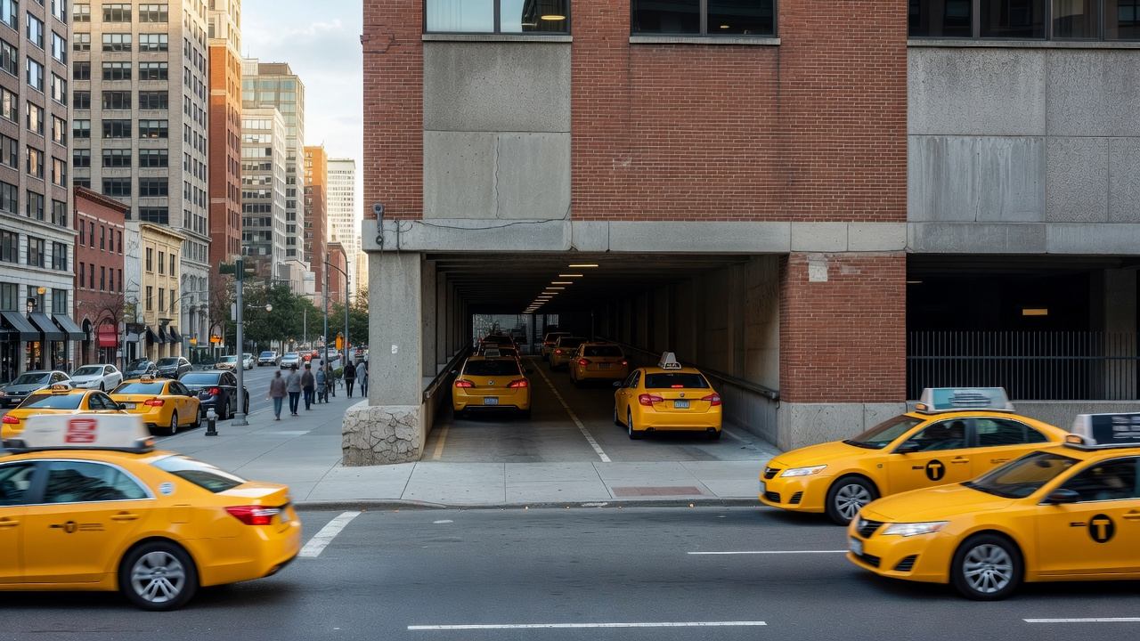 Urban parking garage entrance with signage on a city street