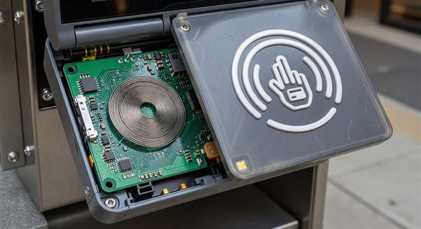 Close-up of an NFC antenna module behind a pay station faceplate with a tap-to-pay indicator