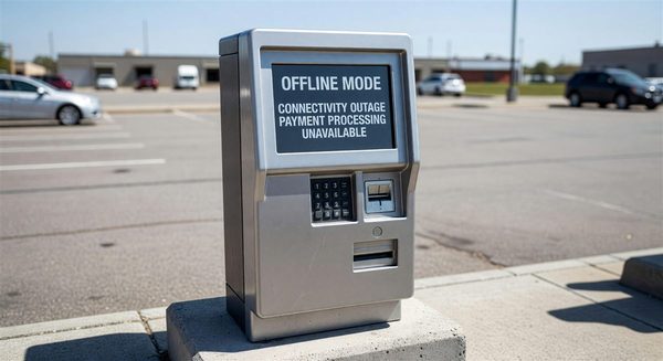Parking pay station displaying an offline mode notice during a connectivity outage