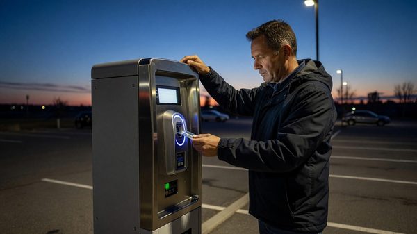 Parking pay station card reader with a driver inserting a payment card at dusk