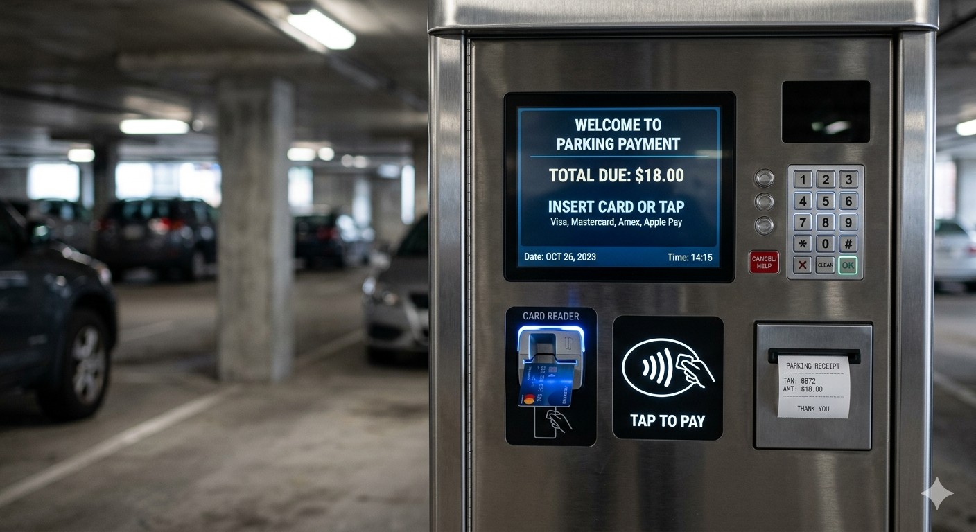 Close-up of a modern parking payment machine showing the card reader, screen, and receipt printer