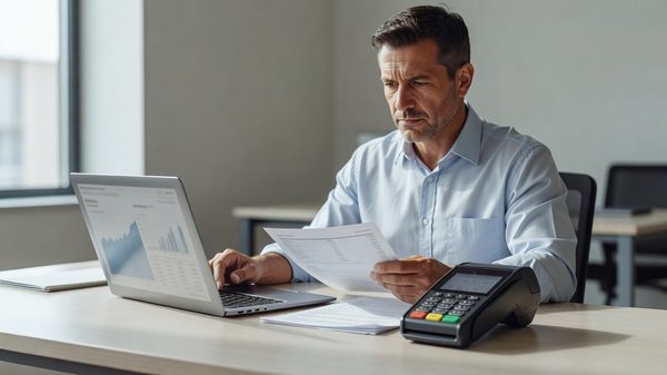 A parking operations manager reviewing payment processor statements at a desk with a pay station terminal visible nearby