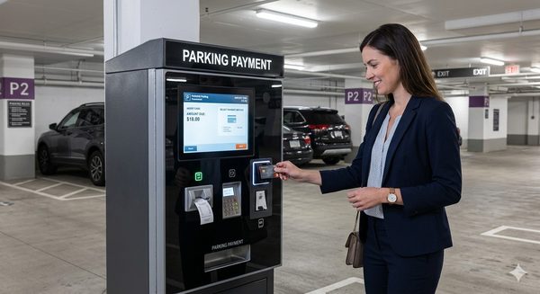 Modern parking payment station installed at the entrance of a multi-level parking facility
