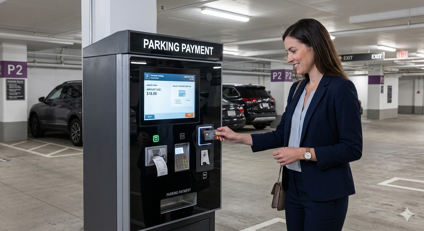 Modern parking payment station installed at the entrance of a multi-level parking facility