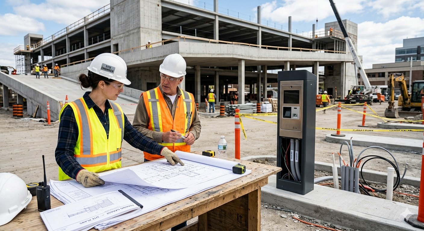 Technician installing a parking pay station on a concrete island in an outdoor parking facility