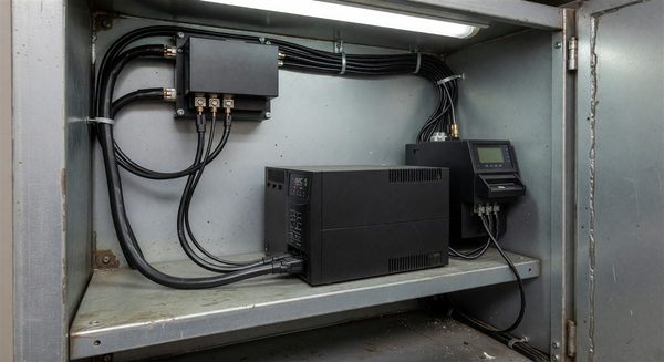 Pay station interior showing a UPS battery backup unit wired between the power supply and payment module