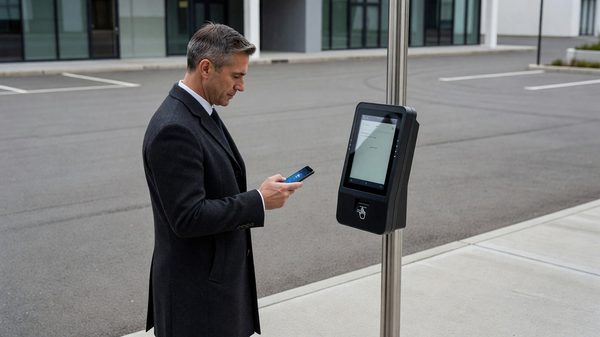 Side-by-side comparison of a parking pay station, self-service kiosk, and ticket dispensing machine in a parking facility