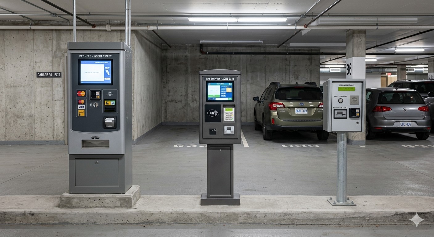Side-by-side comparison of a parking pay station, self-service kiosk, and ticket dispensing machine in a parking facility