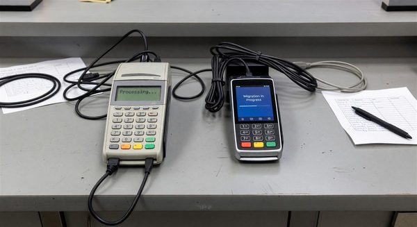 Two different payment processor terminals sitting side by side during a migration cutover