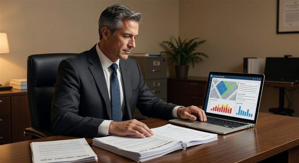 Parking operations manager reviewing compliance documentation at a workstation