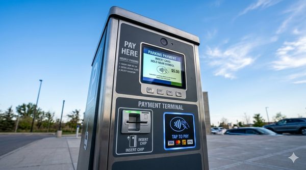 Outdoor parking pay station with PCI DSS compliance checklist overlay