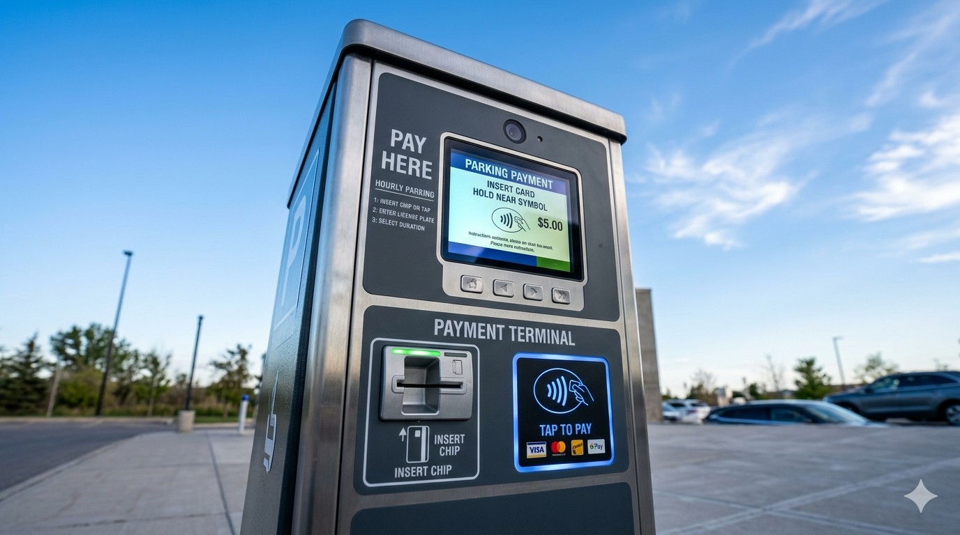 Outdoor parking pay station with PCI DSS compliance checklist overlay