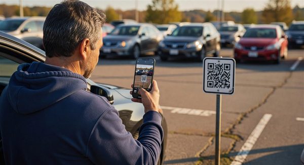 Driver scanning a QR code posted on a parking space signpost with a smartphone