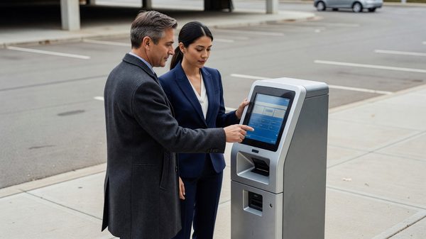 Close-up of a thermal print head module being replaced inside an open parking pay station cabinet
