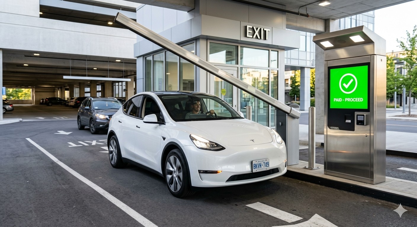 Driver tapping contactless credit card at a modern parking pay station with quick-exit lane