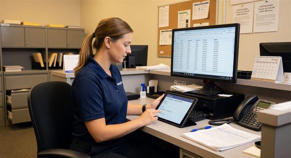 Parking operations staff reviewing a refund request on a tablet with the transaction history on screen