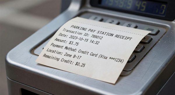 Parking pay station receipt with small-dollar credit card transaction