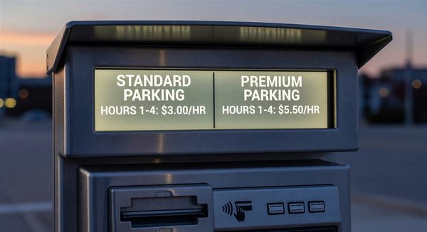 Parking pay station screen displaying separate cash and card price tiers