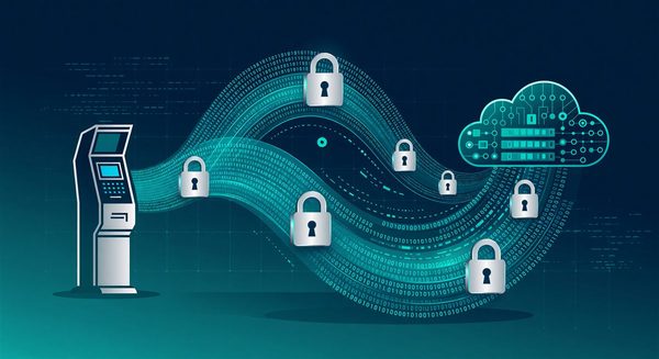 Abstract visualization of encrypted payment data flowing from pay station to processor