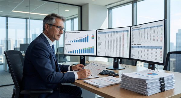 Finance staff reviewing parking facility daily settlement reports across multiple screens