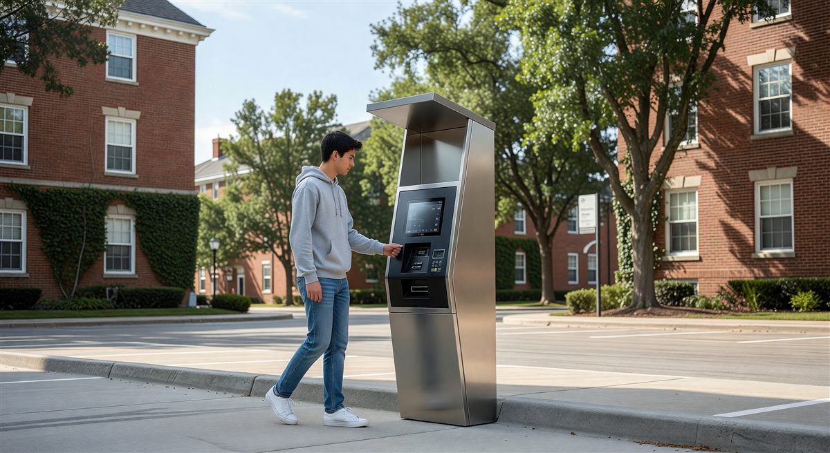 Pay station at a university parking structure entrance with student ID card reader