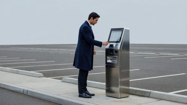 Vehicle approaching a barrier gate and pay station at the entrance of a managed parking facility at dusk
